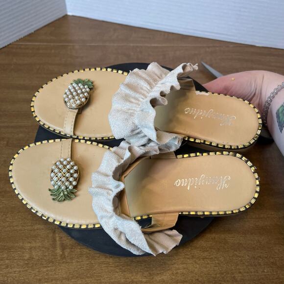 Pineapple Toe Ring Sandals 8.5 Summer Beach Cruise Resort Flat Ruffle Shoes - Picture 5 of 11